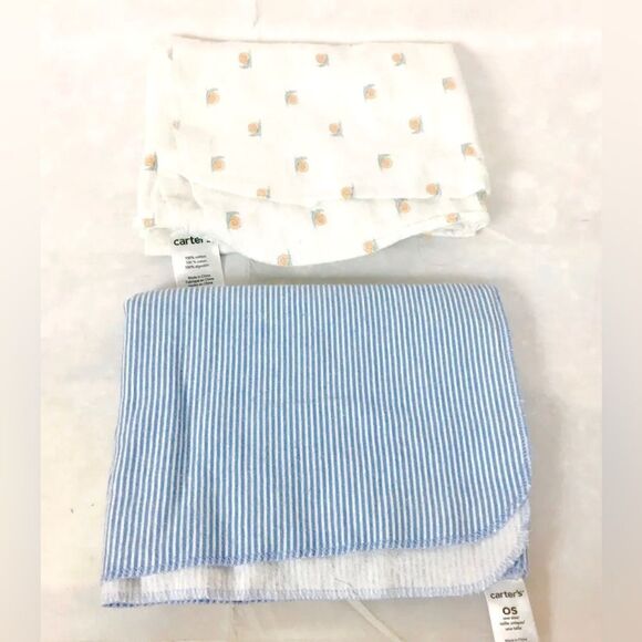 Carter’s Baby Boy Receiving Blankets Swaddle Set of 2 Blue Strip & Snails - Picture 2 of 2